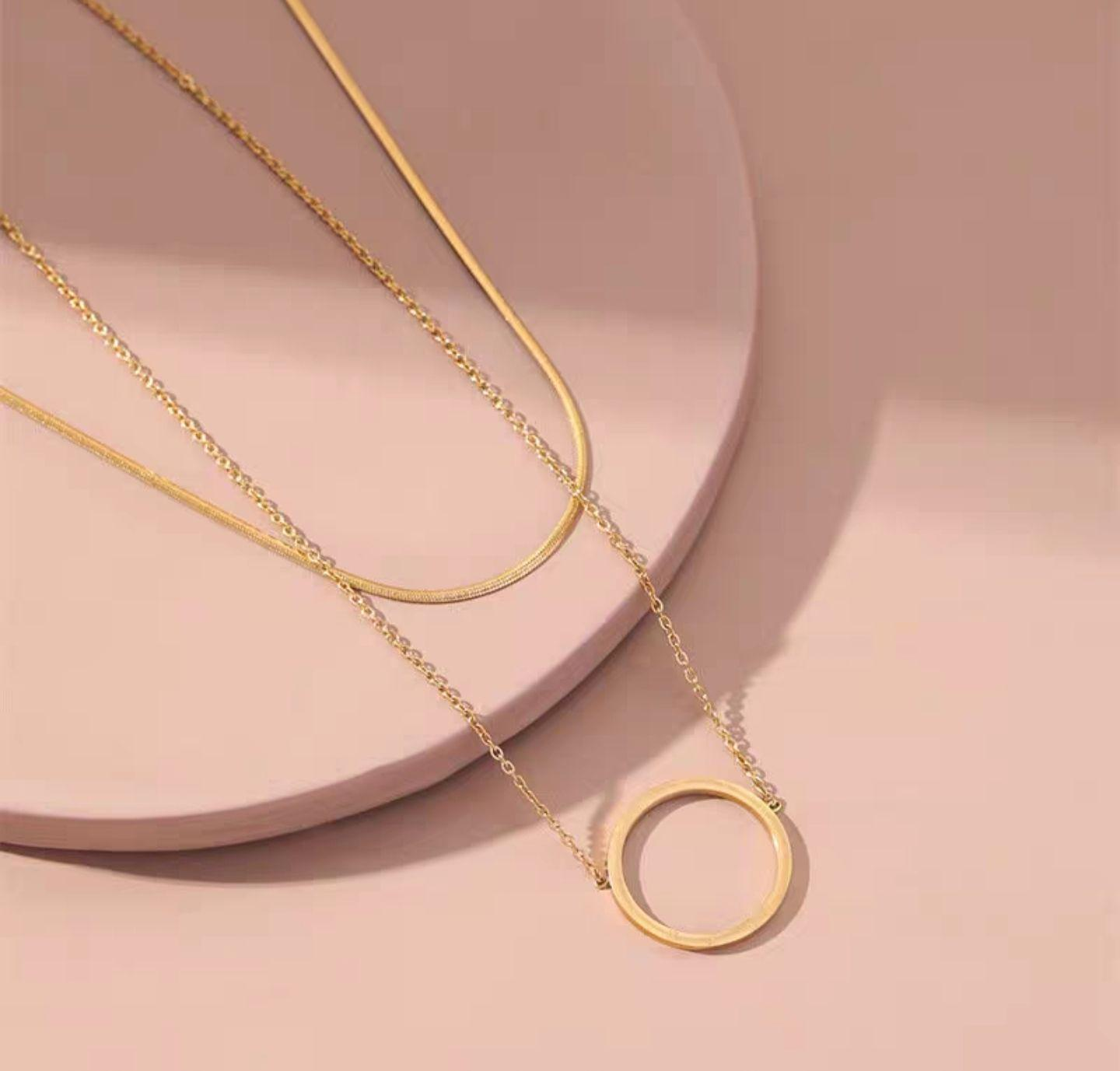 Layered Gold Circle Necklace – Minimalist Dual Chain Jewelry for Women