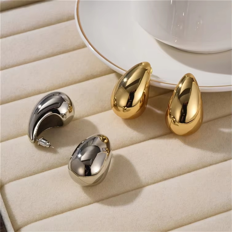 Lead Free Fashion 18K Gold Plated Hollow Stainless Steel Waterdrop Stud Earrings Tear Drop Chunky Hoops for Women