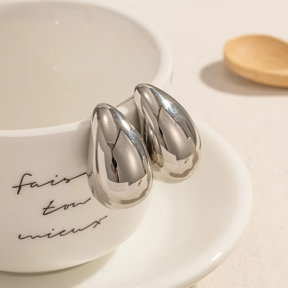 Lead Free Fashion 18K Gold Plated Hollow Stainless Steel Waterdrop Stud Earrings Tear Drop Chunky Hoops for Women