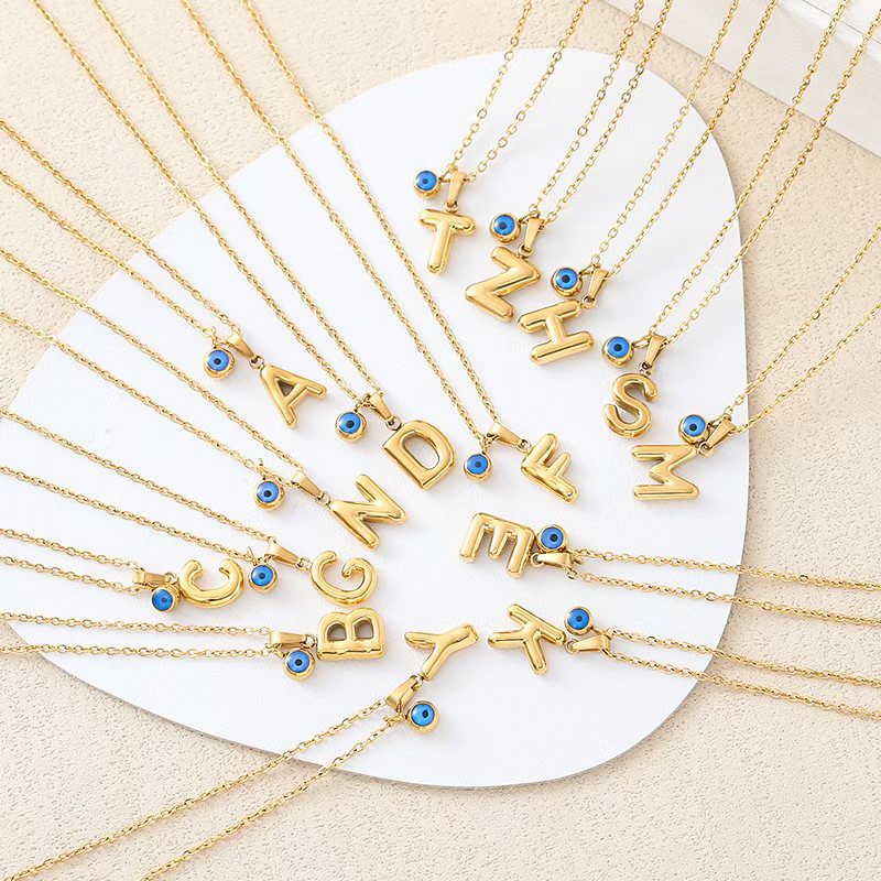 Gold Initial Pendant Necklace with Evil Eye Charm – Personalized Jewelry