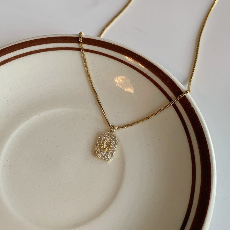 Gold Titanium Steel Initial M Pendant Necklace with Crystals – Dainty Personalized Jewelry