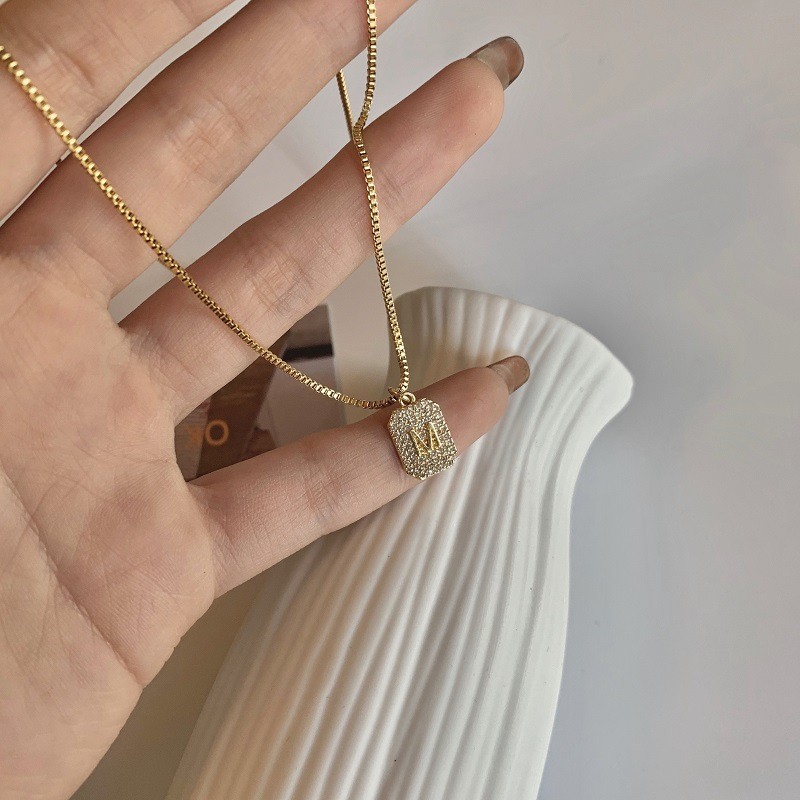 Gold Titanium Steel Initial M Pendant Necklace with Crystals – Dainty Personalized Jewelry
