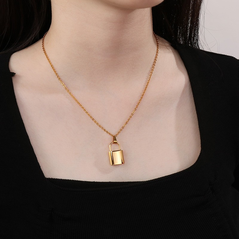 Modern Lock Pendant Necklace – Titanium Steel Gold Chain for Women