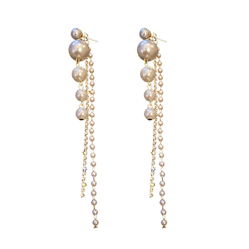 Long Pearl Dangle Earrings Full Diamond Simulated Pearl Tassel Drop Earrings Gold Plated Long Pearl Earrings for Women