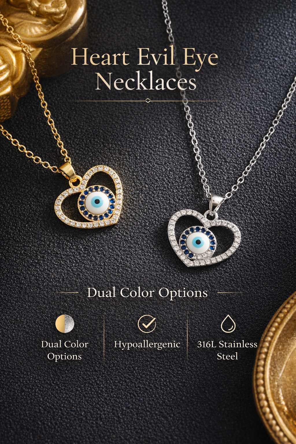 Heart Evil Eye Pendant Stainless Steel Jewelry Necklace with CZ Stones – Stainless Steel Jewelry Fashion Necklace