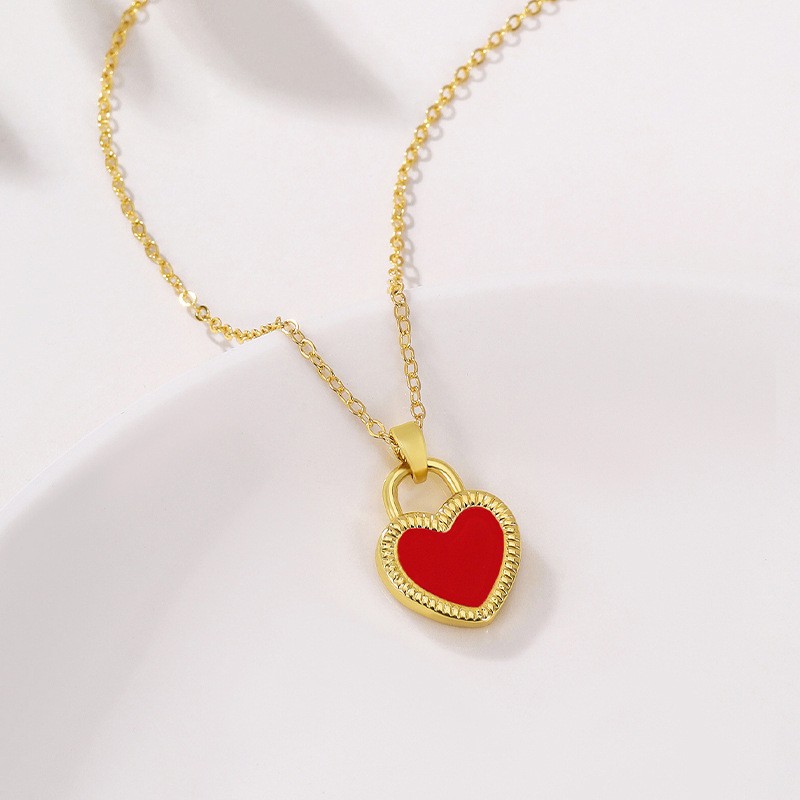 Titanium Steel Heart Lock Pendant Necklace – Romantic Red Enamel Love Design