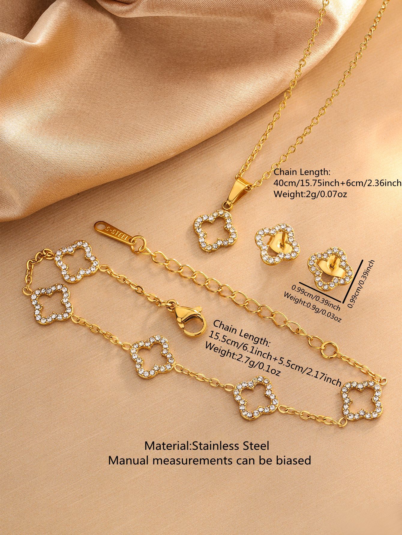 Lucky clover zircon stainless steel jewelry sets with necklace bracelet earrings for hot selling fashion accessories