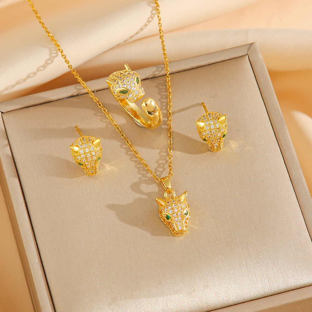 Luxury Leopard Head Stainless Steel Jewelry Set Gold Necklace Earrings Ring Cubic Zirconia Animal Jewelry