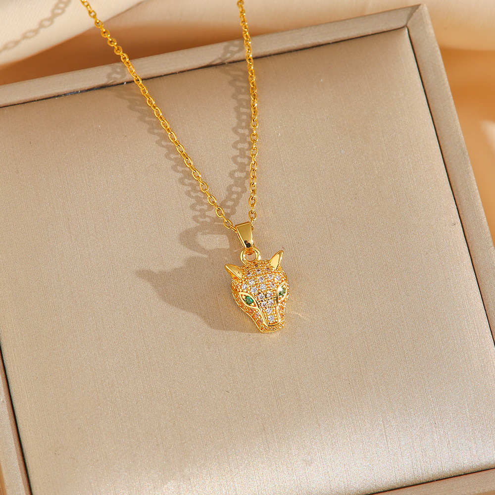 Luxury Leopard Head Stainless Steel Jewelry Set Gold Necklace Earrings Ring Cubic Zirconia Animal Jewelry