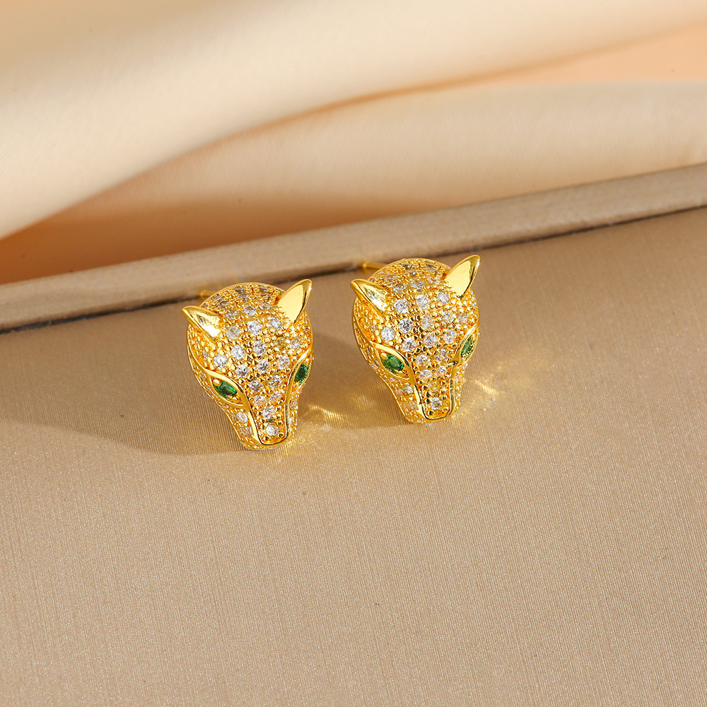 Luxury Leopard Head Stainless Steel Jewelry Set Gold Necklace Earrings Ring Cubic Zirconia Animal Jewelry