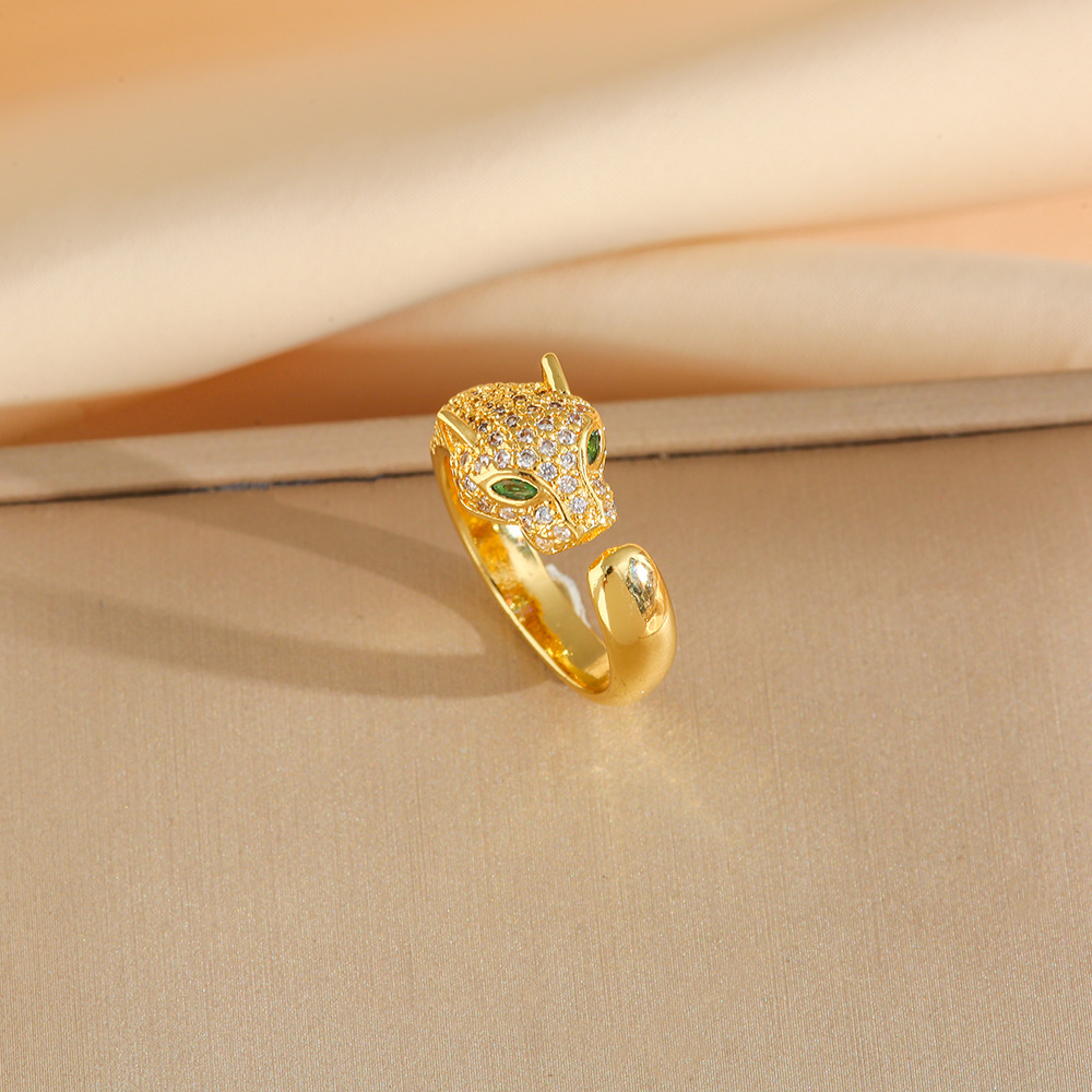 Luxury Leopard Head Stainless Steel Jewelry Set Gold Necklace Earrings Ring Cubic Zirconia Animal Jewelry