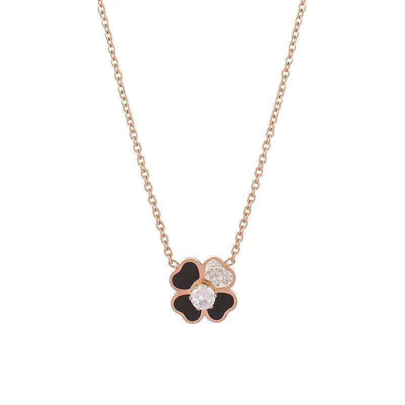 Luxury Black Enamel Clover Pendant Necklace with Crystals - Elegant Floral Charm Jewelry for Women