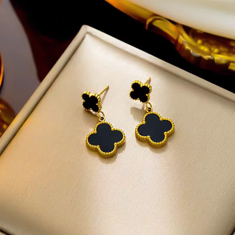 Luxury Black Enamel Four Leaf Clover Drop Earrings for Women – Elegant Gold-Plated Dangle Earrings for Stylish Outfits, Parties, and Gifts