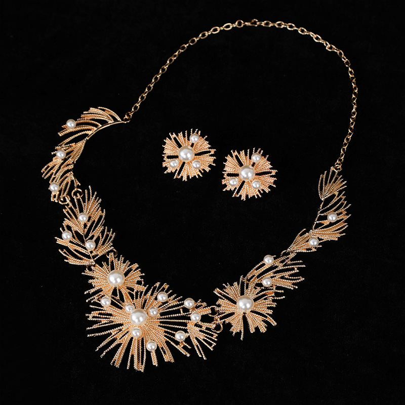 Luxury Stainless Steel Jewelry Pearl Necklace Set Gold Statement Necklace Earrings Set for Women Wedding Jewelry