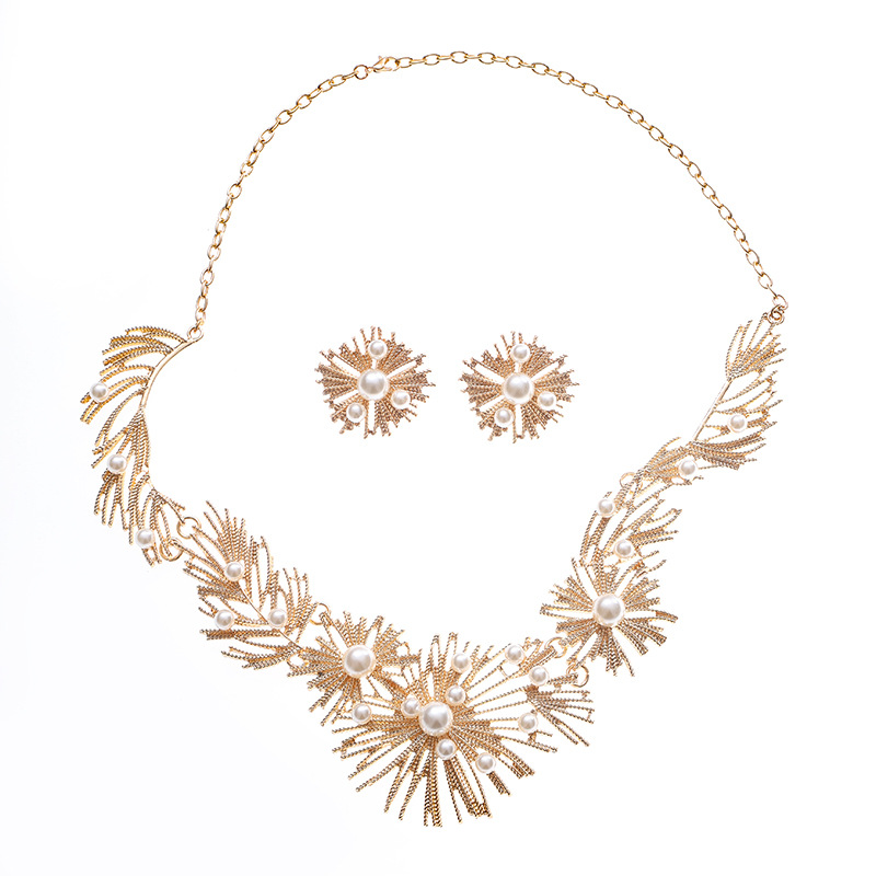 Luxury Stainless Steel Jewelry Pearl Necklace Set Gold Statement Necklace Earrings Set for Women Wedding Jewelry