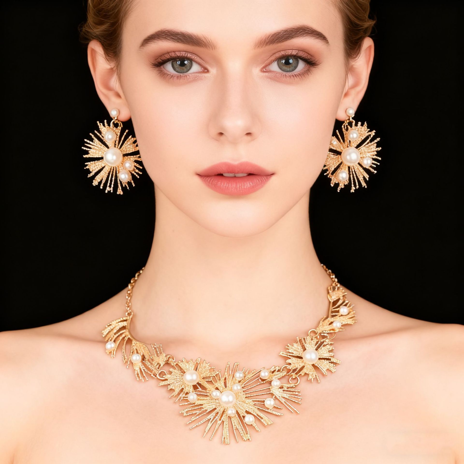 Luxury Stainless Steel Jewelry Pearl Necklace Set Gold Statement Necklace Earrings Set for Women Wedding Jewelry