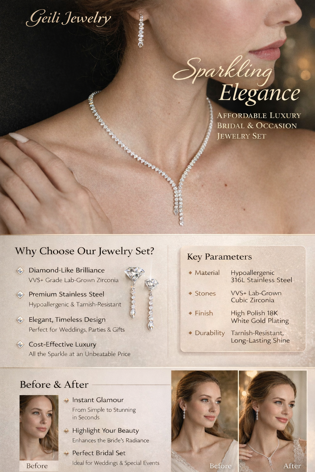 Luxury Bridal jewelry sets Stainless Steel Crystal Necklace and Earrings Set for Wedding Party Bride Statement