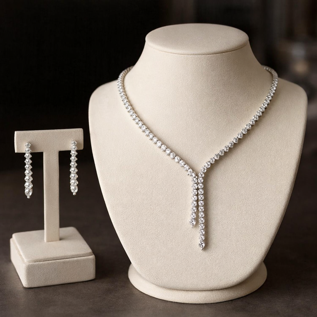 Luxury Bridal jewelry sets Stainless Steel Crystal Necklace and Earrings Set for Wedding Party Bride Statement