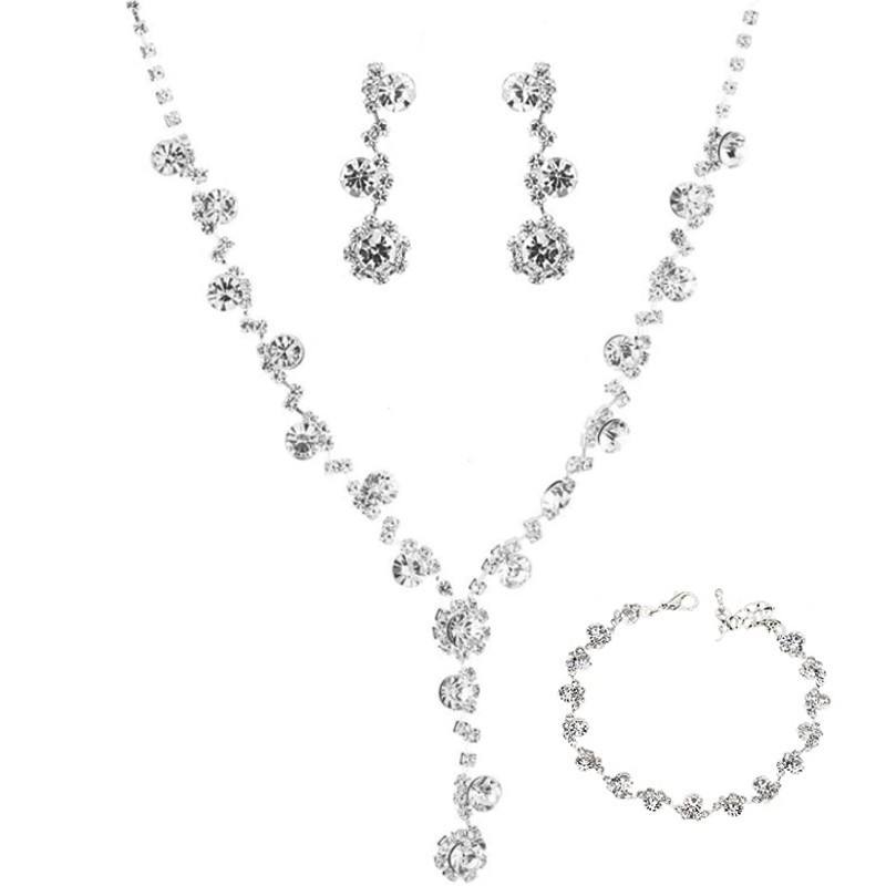 Luxury Crystal Rhinestone jewelry sets Necklace Earrings Bracelet Set for Bridal Wedding Party Stainless Steel