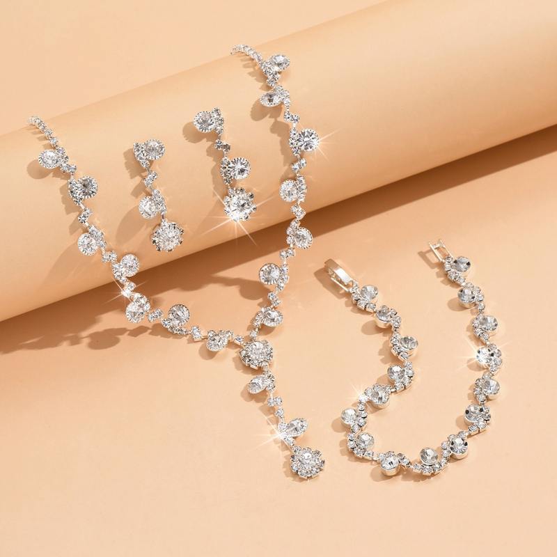 Luxury Crystal Rhinestone jewelry sets Necklace Earrings Bracelet Set for Bridal Wedding Party Stainless Steel