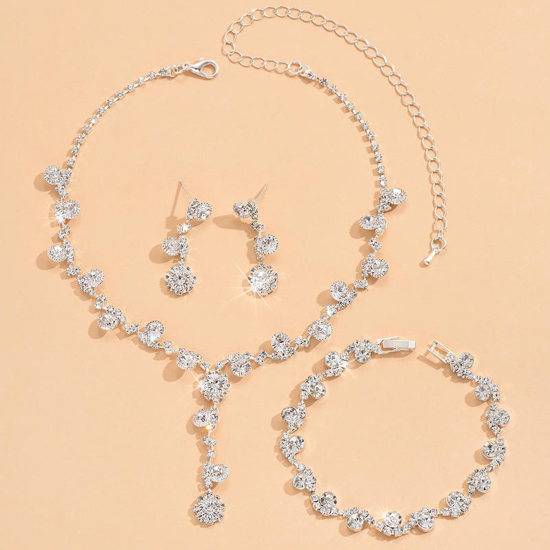 Luxury Crystal Rhinestone jewelry sets Necklace Earrings Bracelet Set for Bridal Wedding Party Stainless Steel
