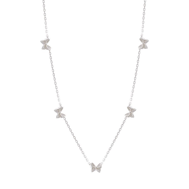 Luxury Dainty Butterfly Bow Crystal Necklace for Women Silver Plated Clavicle Chain