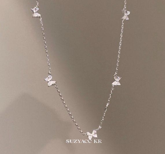 Luxury Dainty Butterfly Bow Crystal Necklace for Women Silver Plated Clavicle Chain