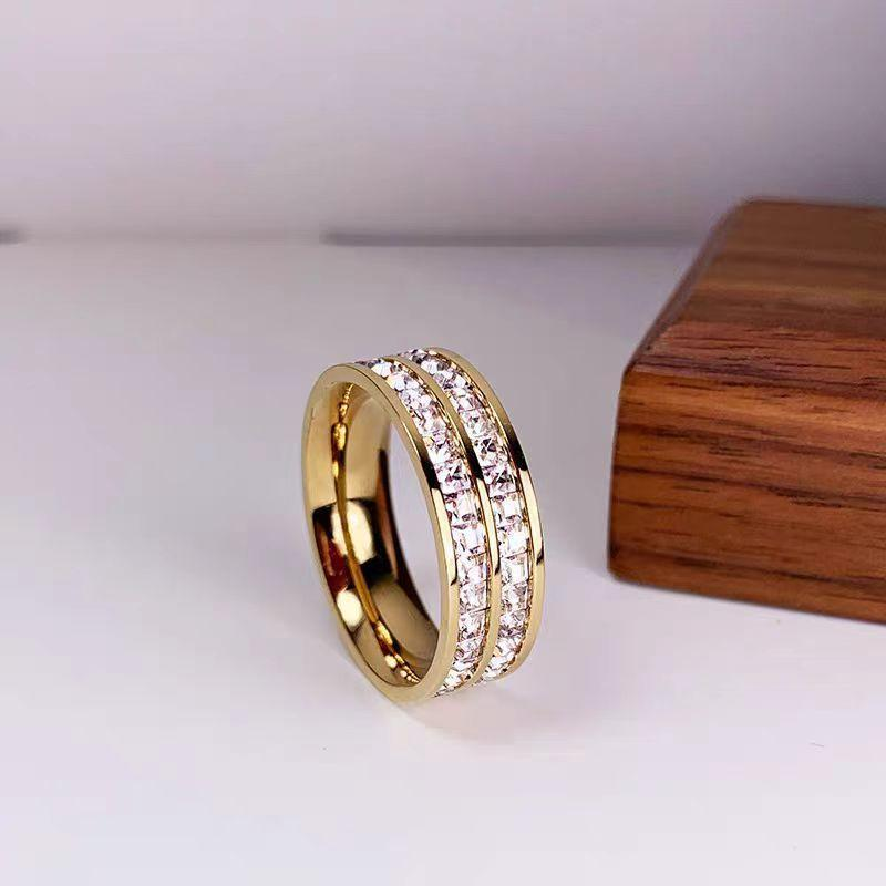 Luxury Double Row Square CZ Stones 18K Gold Plated Stainless Steel Ring for Women
