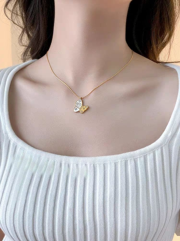 Luxury Dual-Tone Butterfly Pendant Necklace – White & Gold Charm on Slim Chain