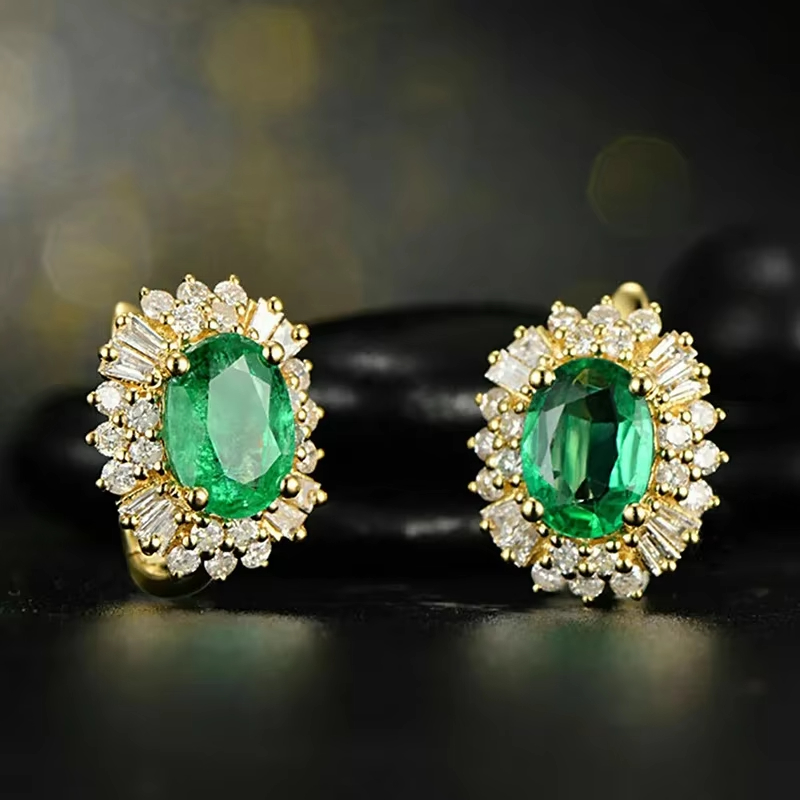 Luxury Flowers Design Oval Green Crystal Cubic Zirconia Earrings Women Wedding Fashion Jewelry Gold Plated Hoop Earrings