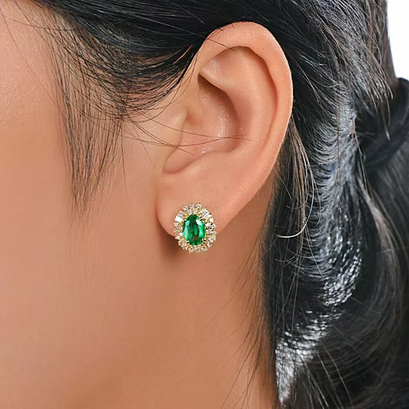 Luxury Flowers Design Oval Green Crystal Cubic Zirconia Earrings Women Wedding Fashion Jewelry Gold Plated Hoop Earrings