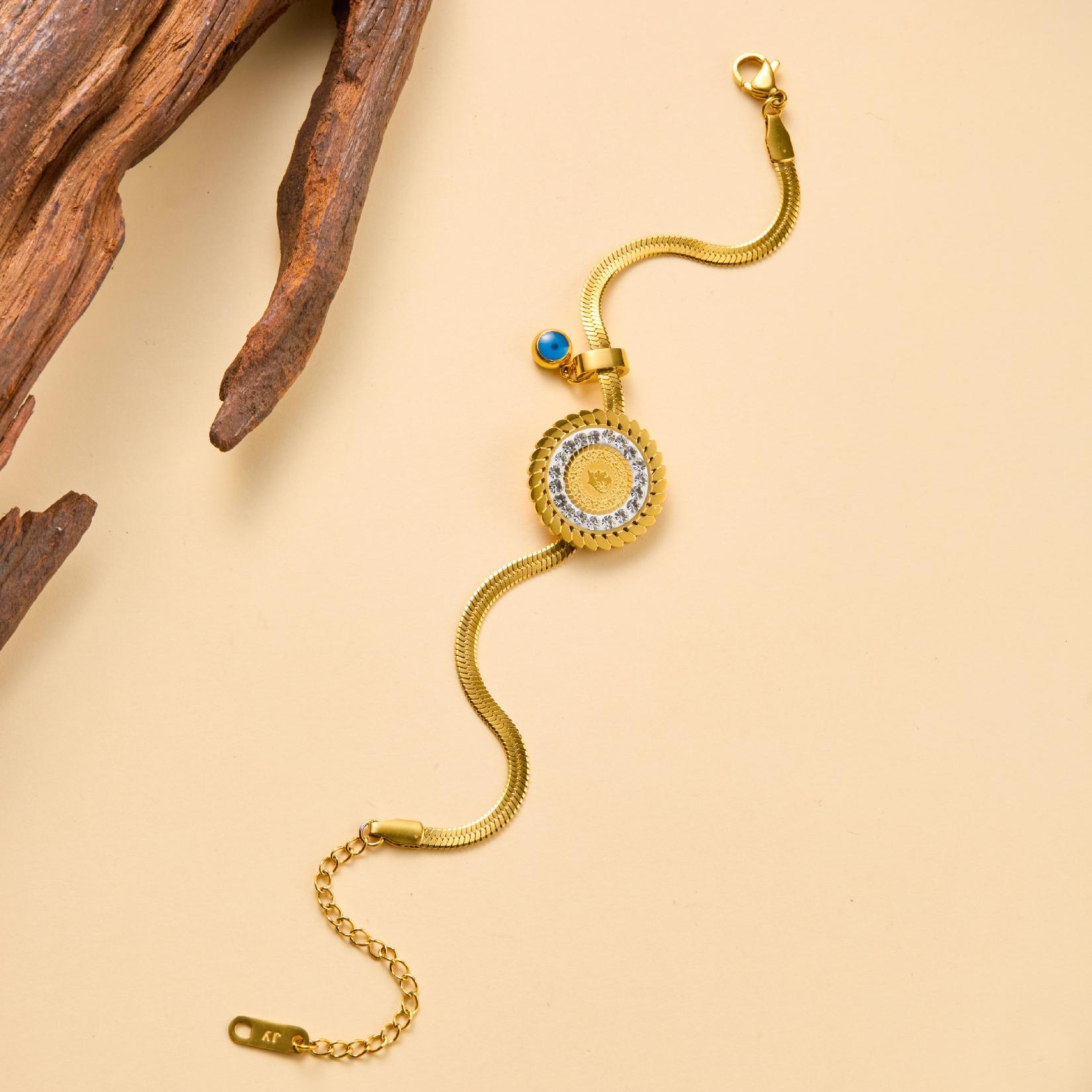 Luxury Gold Coin Bracelet with Sunburst Crystal Halo & Blue Charm – Elegant Adjustable Women's Jewelry, Bohemian Statement Gift
