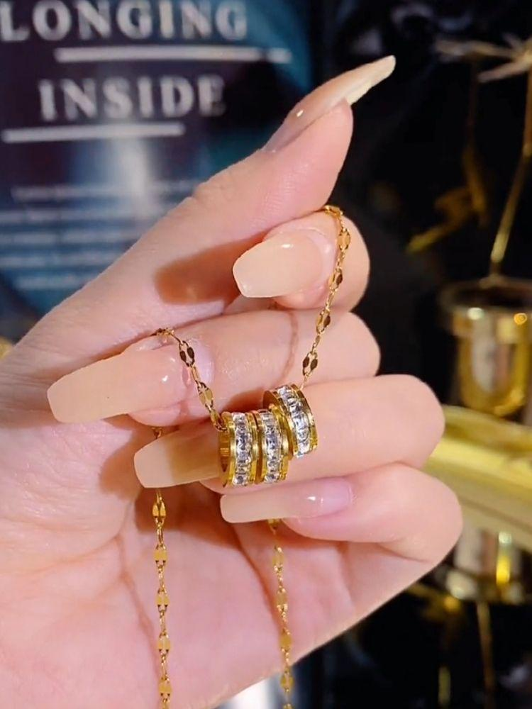Luxury Gold Triple Ring Pendant Necklace – Crystal Circle Chain Jewelry for Women