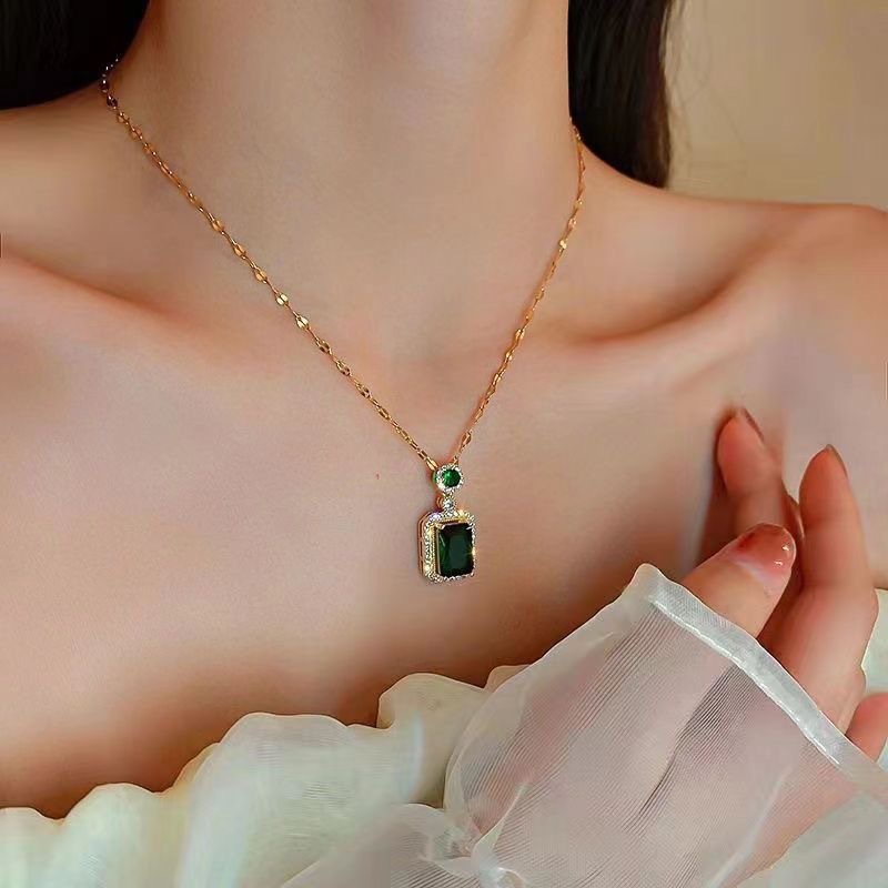 Luxury Green Gemstone Stainless Steel Jewelry Sets Necklace Earrings Ring Elegant Women Jewelry Sets