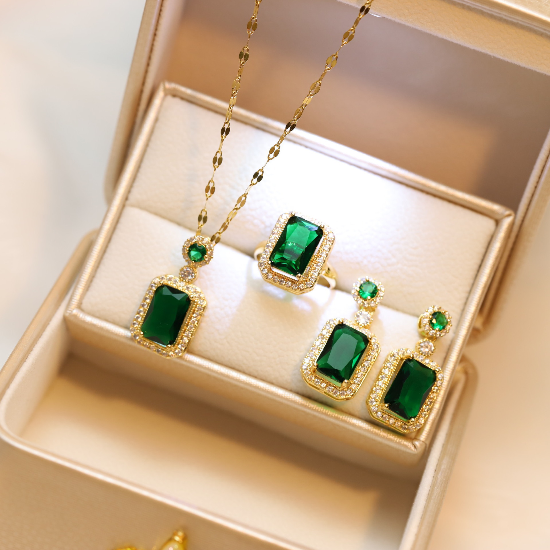 Luxury Green Gemstone Stainless Steel Jewelry Sets Necklace Earrings Ring Elegant Women Jewelry Sets