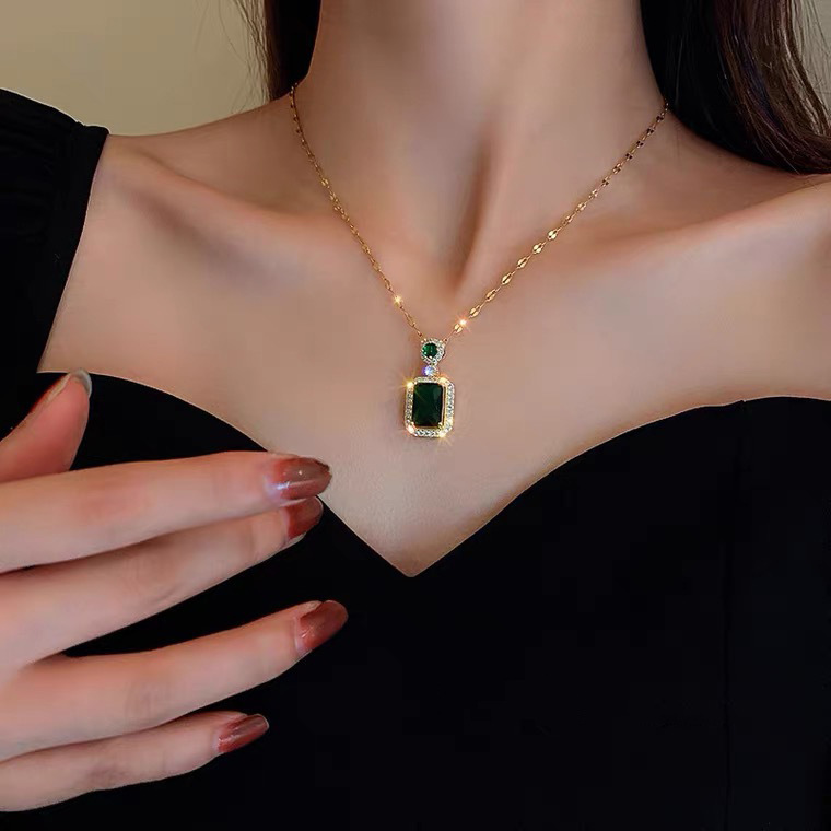 Luxury Green Gemstone Stainless Steel Jewelry Sets Necklace Earrings Ring Elegant Women Jewelry Sets