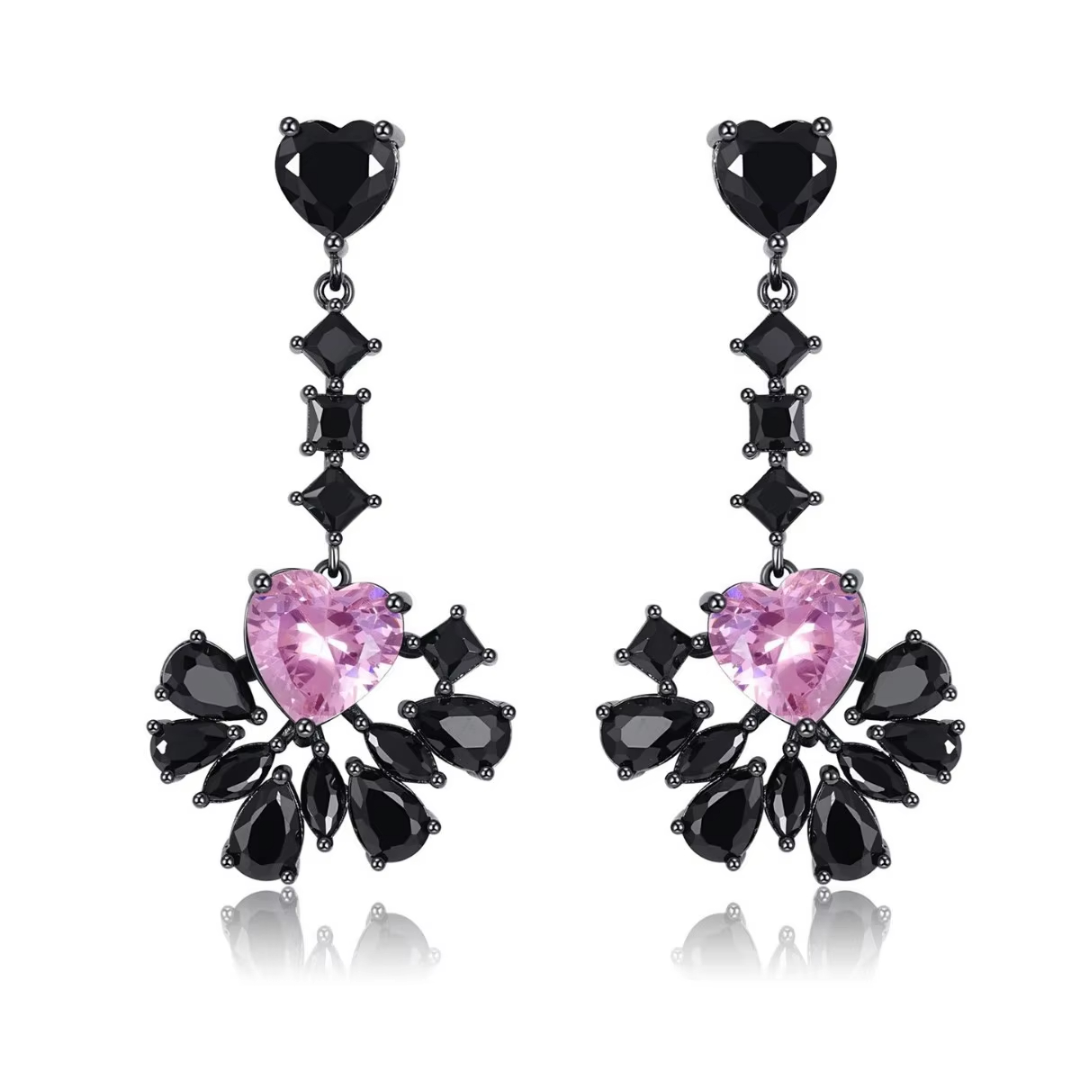 Luxury High-End Geometric Pink Zircon Women's Wedding Black Gun Plated Trendy Drop Earrings