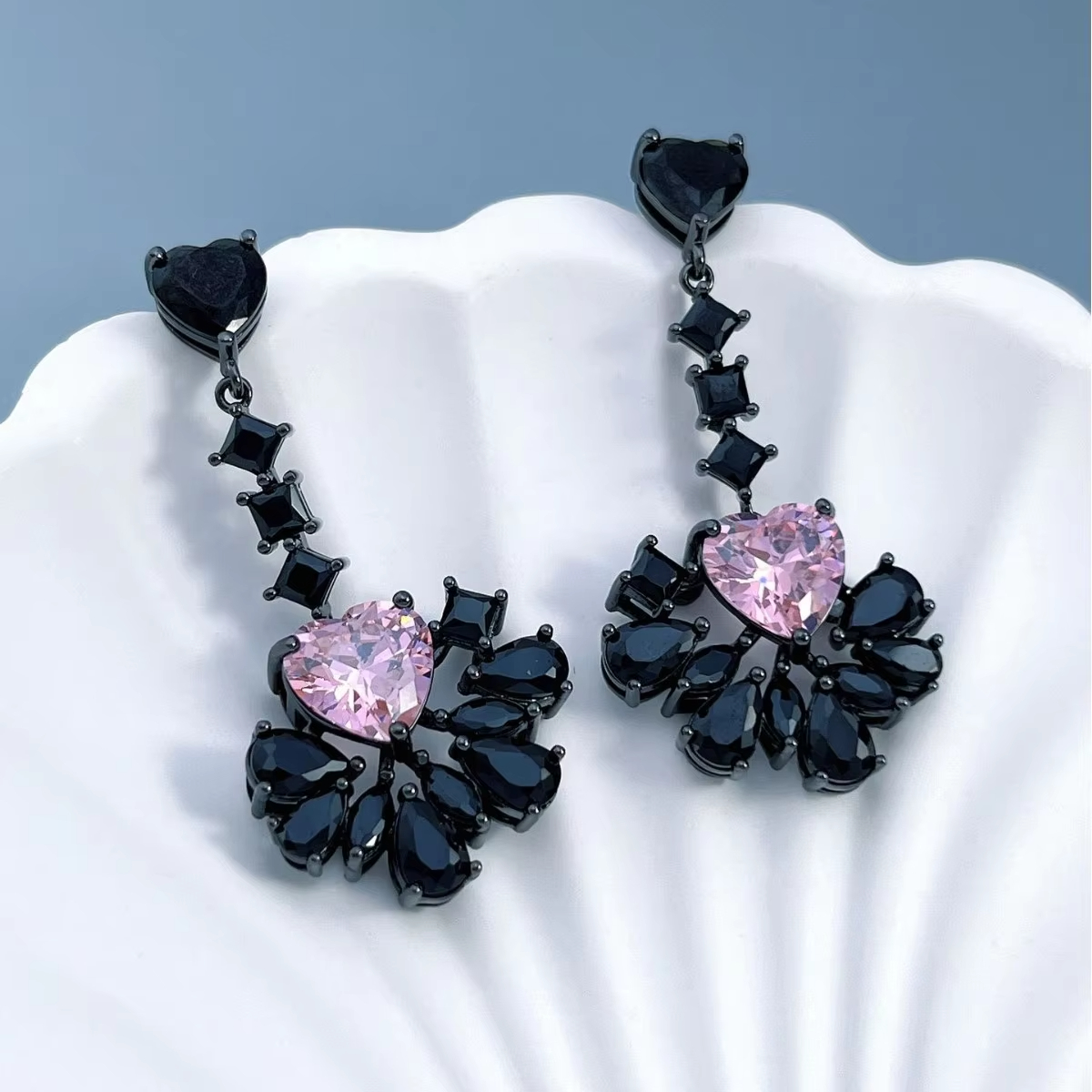 Luxury High-End Geometric Pink Zircon Women's Wedding Black Gun Plated Trendy Drop Earrings