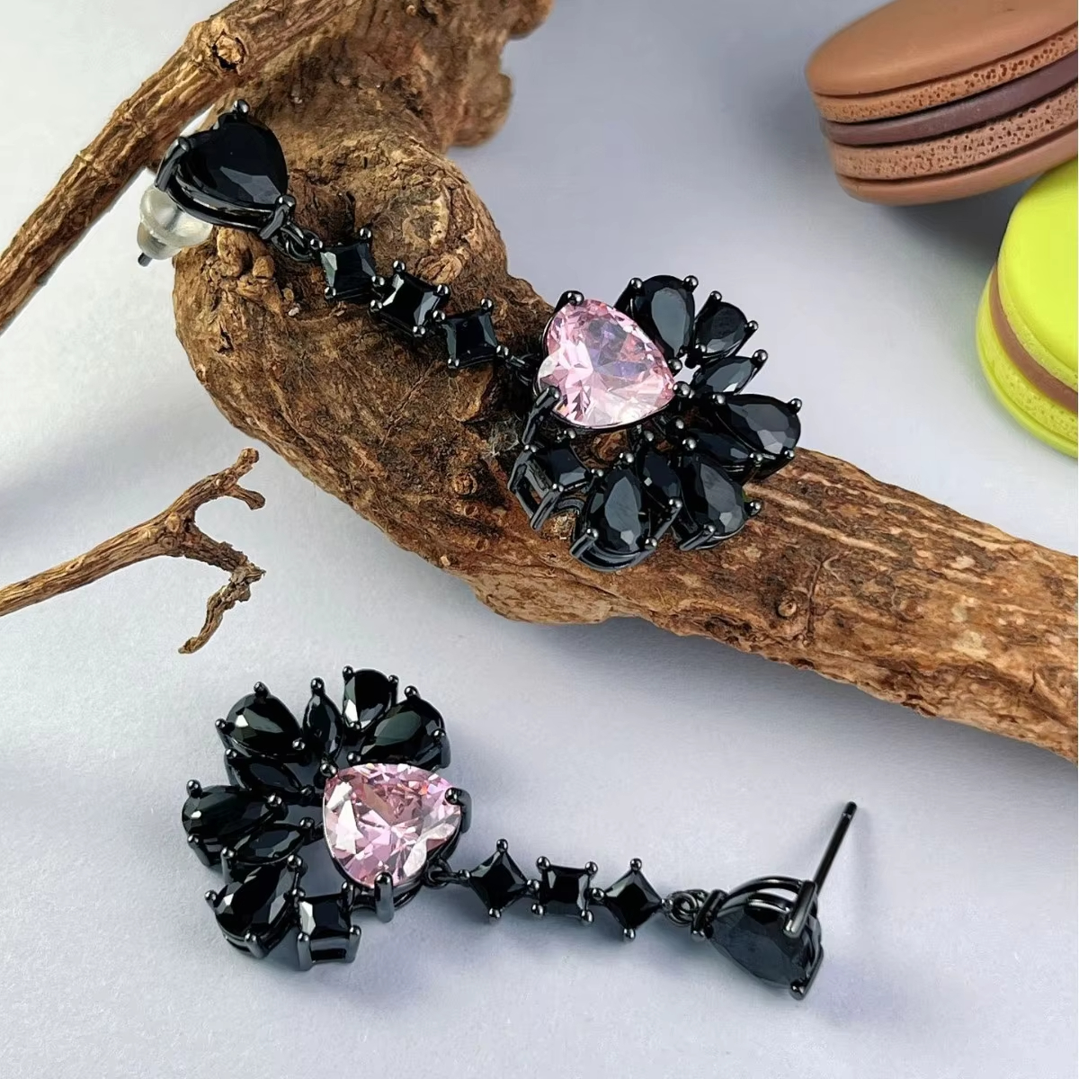 Luxury High-End Geometric Pink Zircon Women's Wedding Black Gun Plated Trendy Drop Earrings