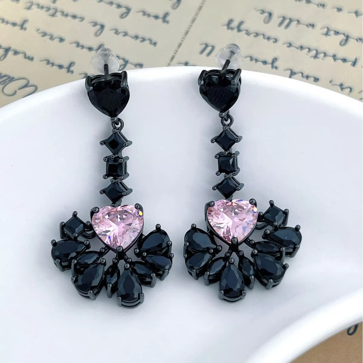 Luxury High-End Geometric Pink Zircon Women's Wedding Black Gun Plated Trendy Drop Earrings