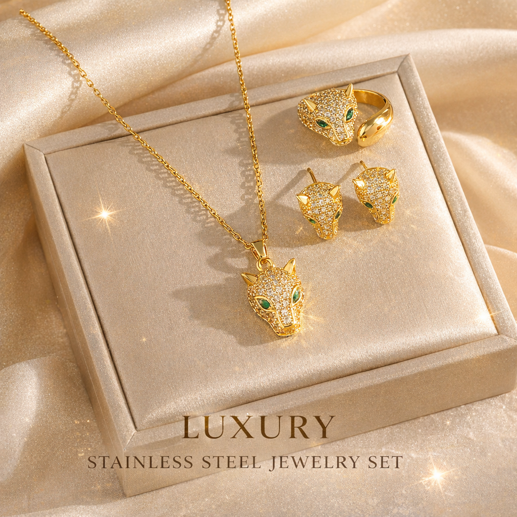 Luxury Leopard Head Stainless Steel Jewelry Set Gold Necklace Earrings Ring Cubic Zirconia Animal Jewelry