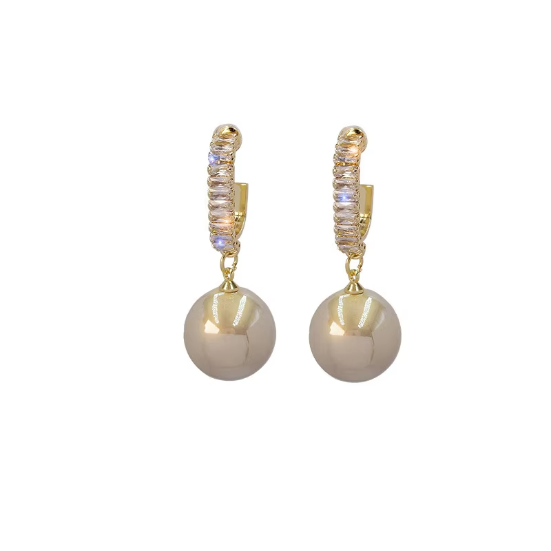 Luxury Shiny Oversize Gray Pearl Drop Earrings for Women Crystal Golden Round Pearl Wedding Dangle Earrings Jewelry Party Gift