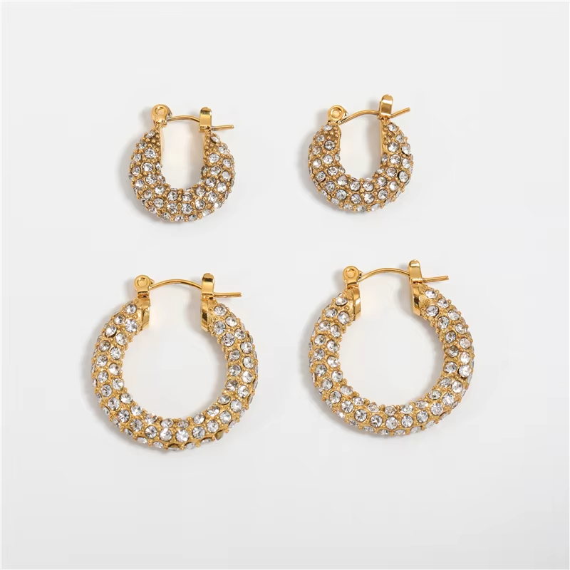 Luxury Sparkle 18K Gold PVD Plated Shiny Party Micro Pave Stainless Steel Hoop Earring Non Tarnish & Waterproof Jewelry