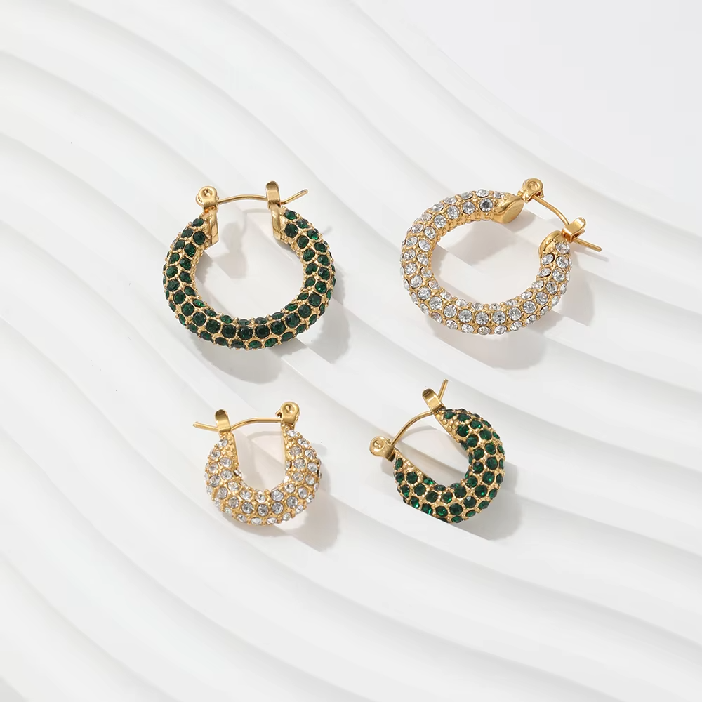 Luxury Sparkle 18K Gold PVD Plated Shiny Party Micro Pave Stainless Steel Hoop Earring Non Tarnish & Waterproof Jewelry