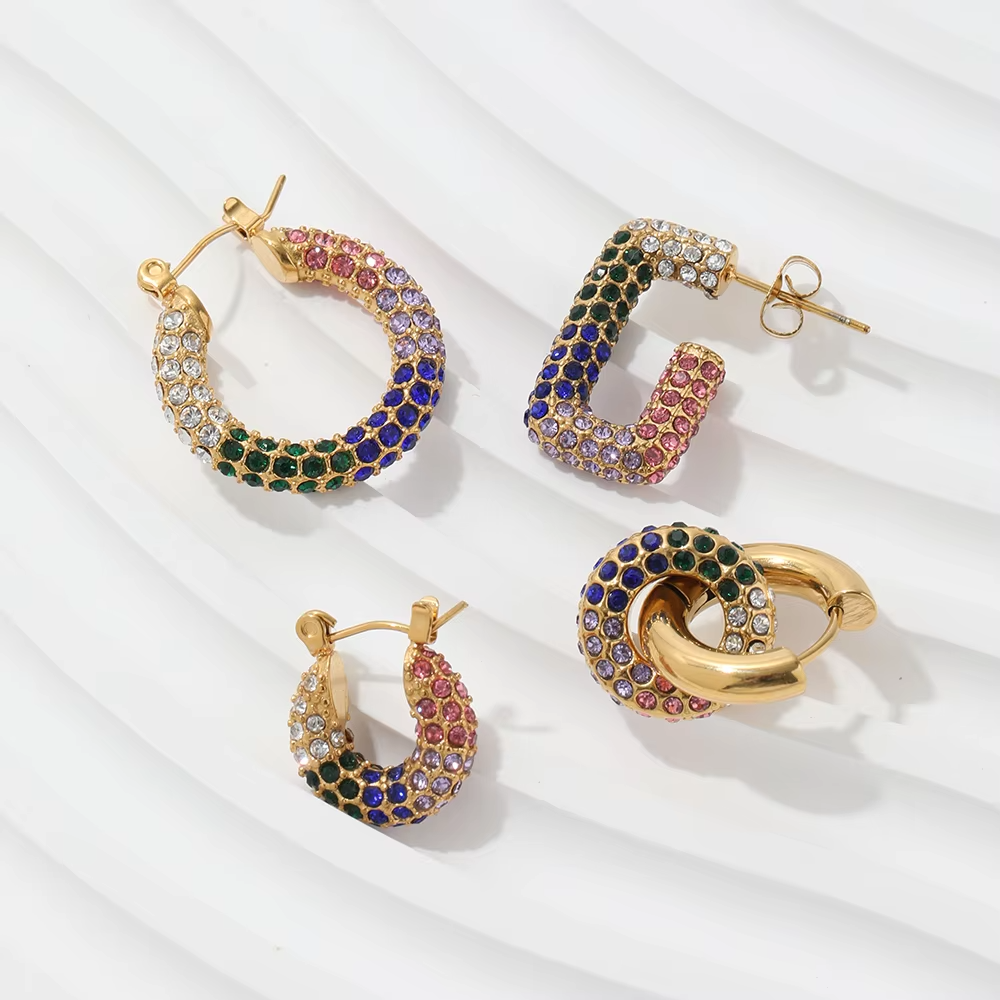 Luxury Sparkle 18K Gold PVD Plated Shiny Party Micro Pave Stainless Steel Hoop Earring Non Tarnish & Waterproof Jewelry