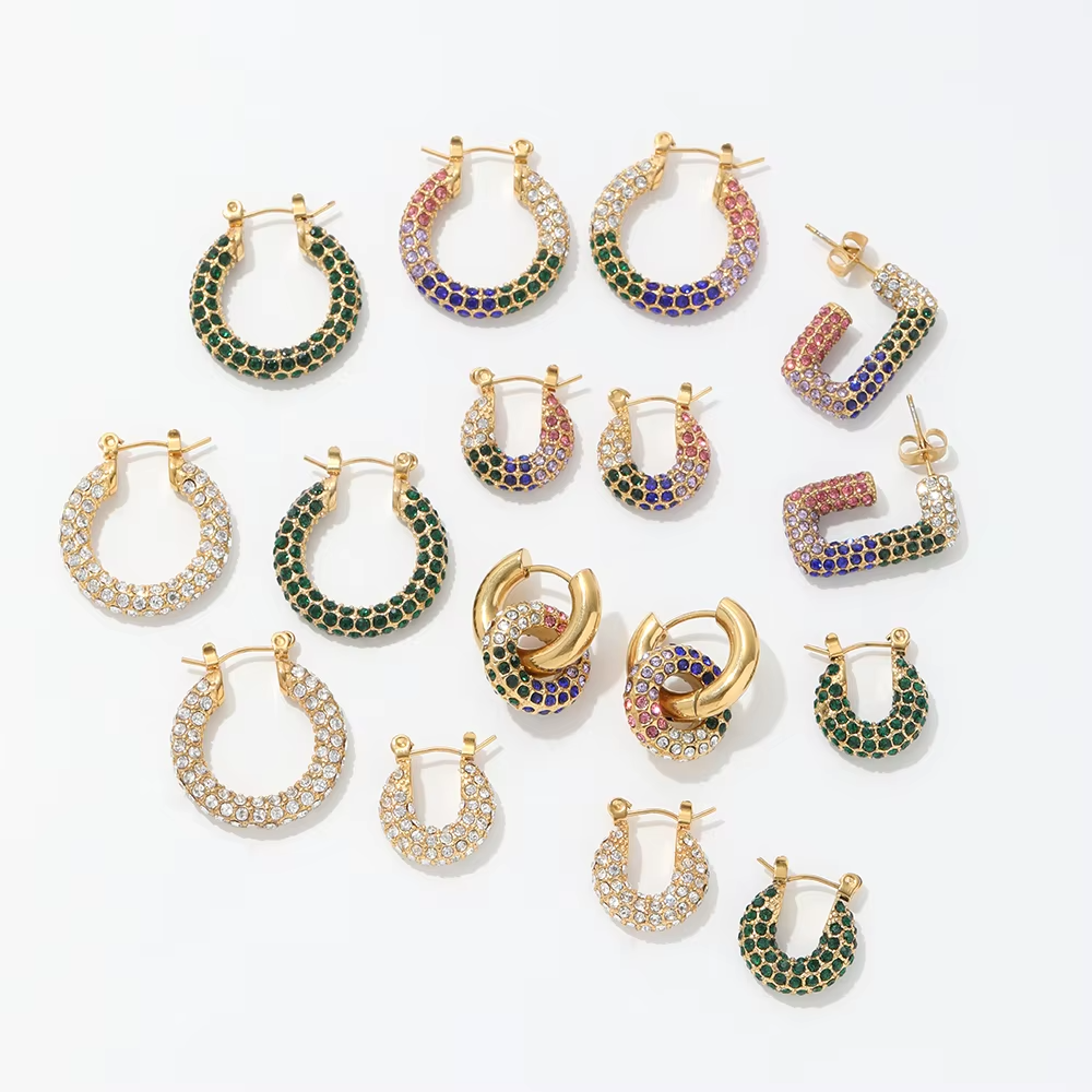 Luxury Sparkle 18K Gold PVD Plated Shiny Party Micro Pave Stainless Steel Hoop Earring Non Tarnish & Waterproof Jewelry