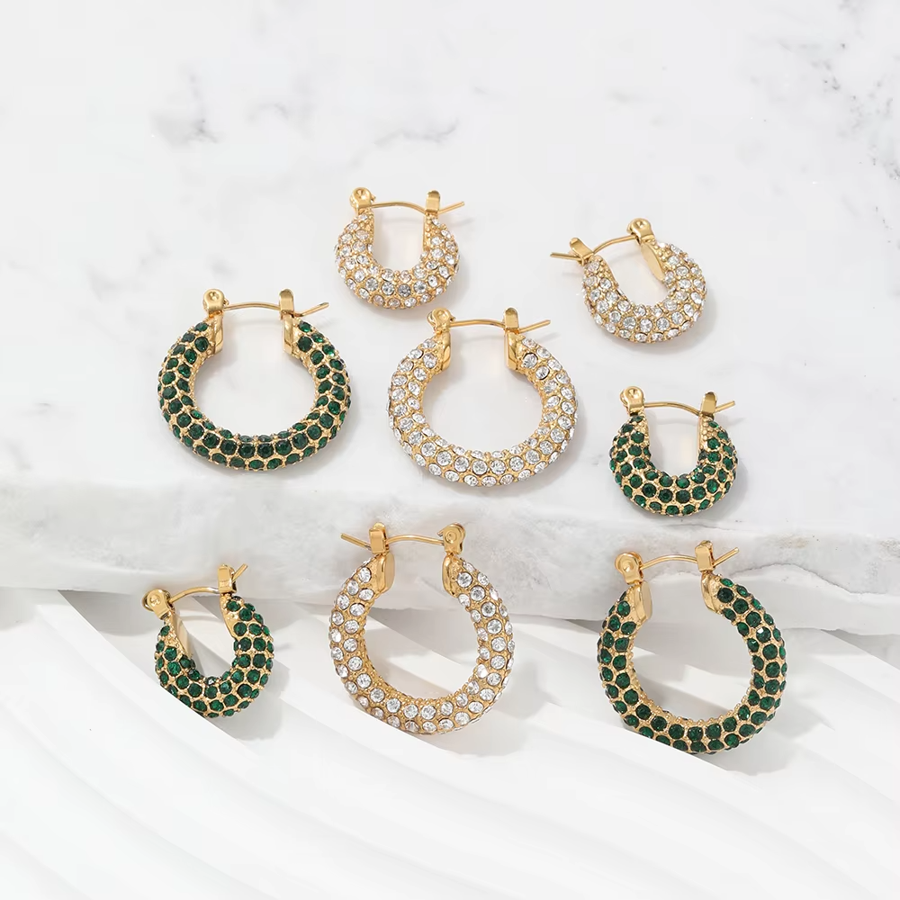 Luxury Sparkle 18K Gold PVD Plated Shiny Party Micro Pave Stainless Steel Hoop Earring Non Tarnish & Waterproof Jewelry