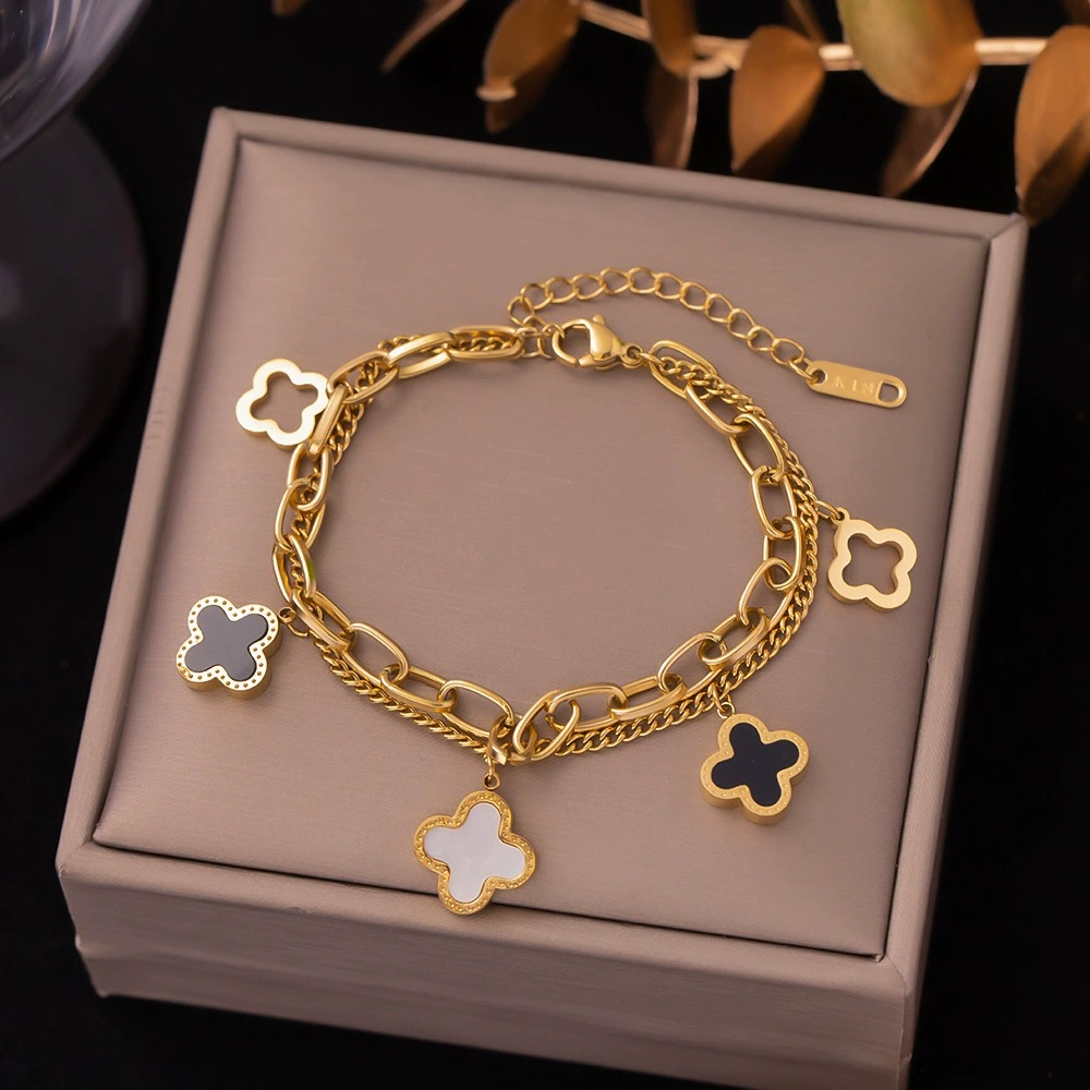 Luxury Stainless Steel Four Leaf Clover Charm Bracelet Fashion Jewelry for Women
