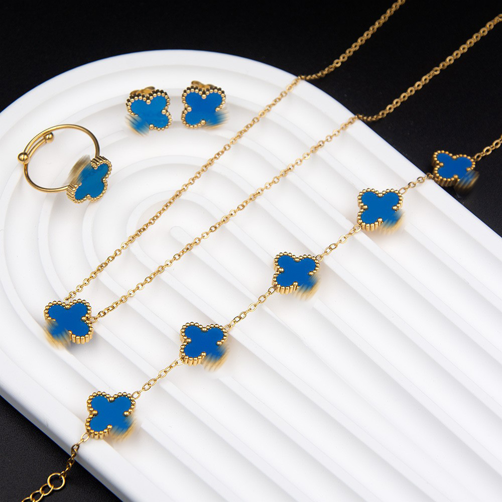 Luxury Stainless Steel Jewelry Clover Set Gold Plated Necklace Bracelet Ring Earrings Non Tarnish Hypoallergenic Jewelry