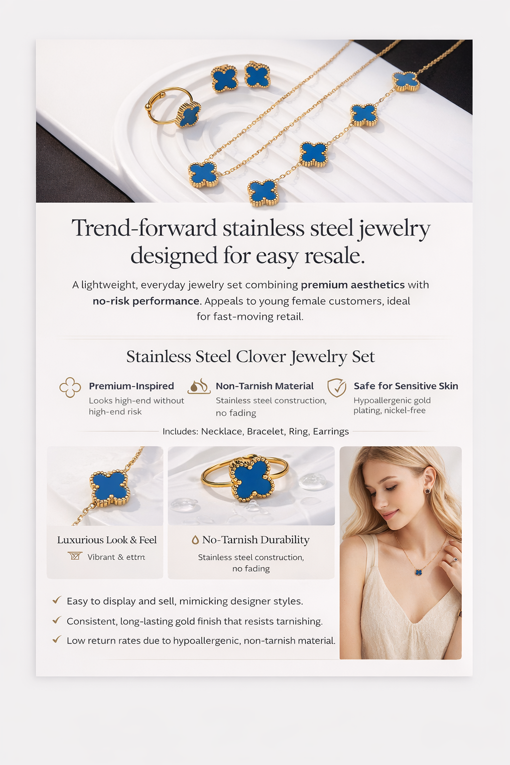 Luxury Stainless Steel Jewelry Clover Set Gold Plated Necklace Bracelet Ring Earrings Non Tarnish Hypoallergenic Jewelry